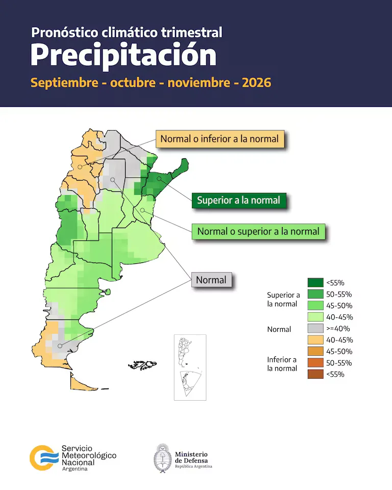 Mapa del pronóstico climático trimestral de precipitación del SMN para septiembre, octubre y noviembre de 2026: gran parte del país, incluida la región de Cuyo, con lluvias normales o superiores a lo normal.